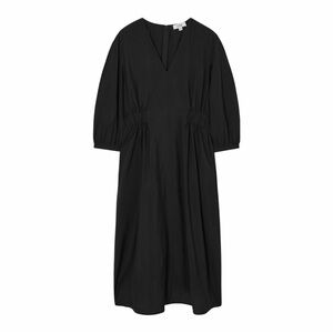 COS Voluminous Dress Black Ruched Midi Puff Sleeves V- Neck Size 12